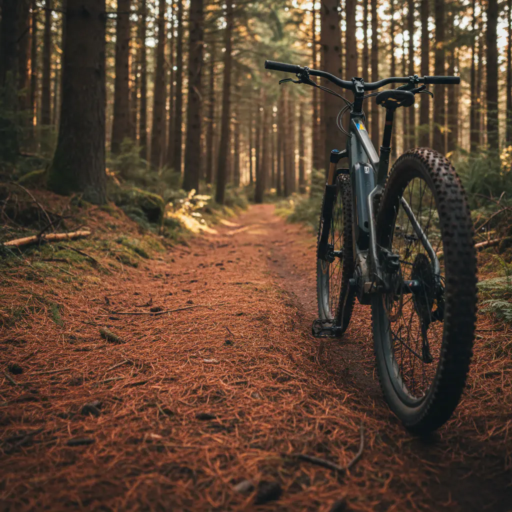 E-bike wheels on a dirt path covered in pine needles