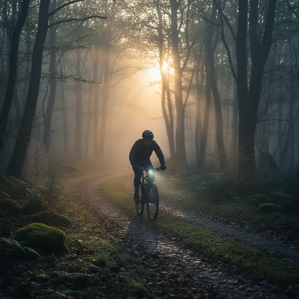 A cyclist navigating a scenic misty trail at dawn