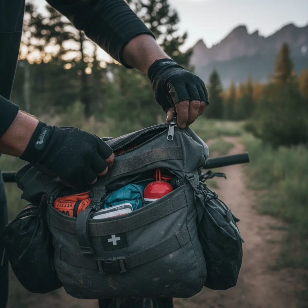 Close up of hands zipping up a frame bag