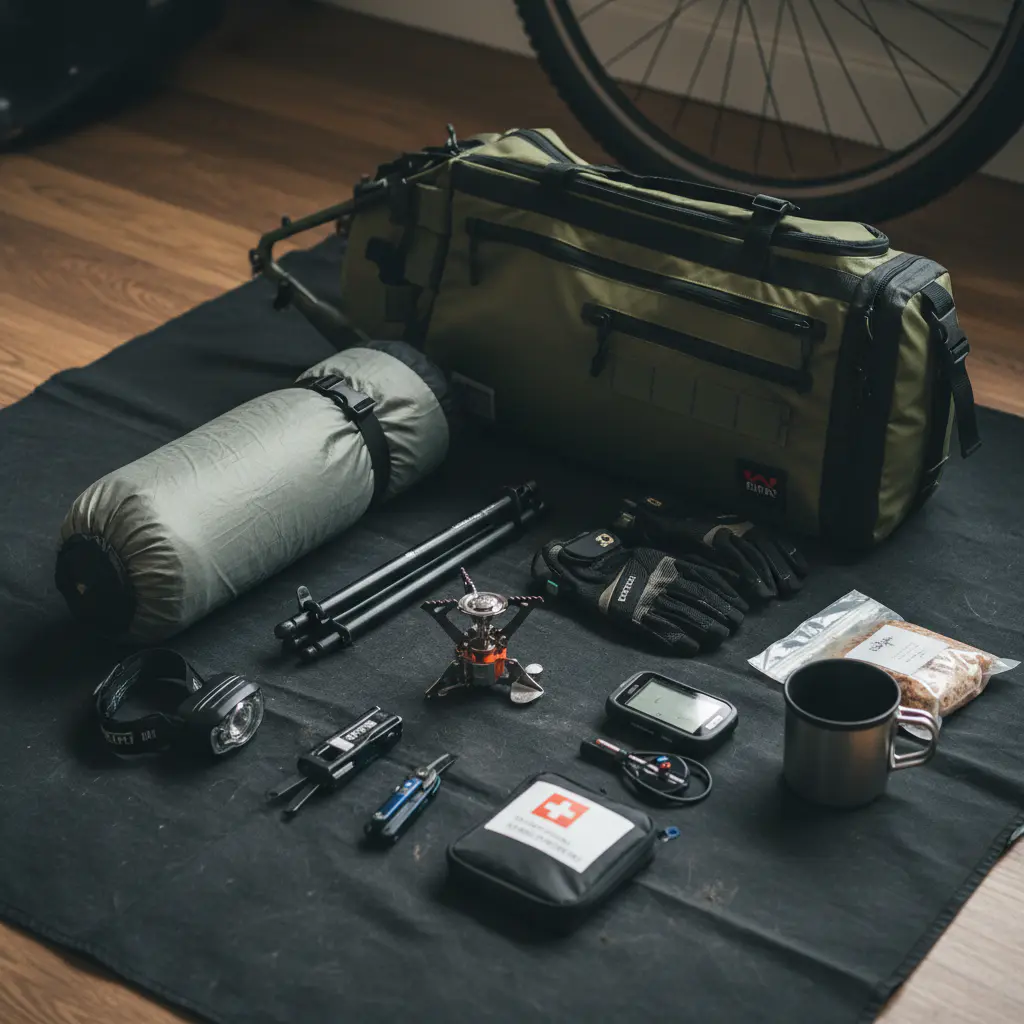 Organized gear laid out next to a bike frame bag