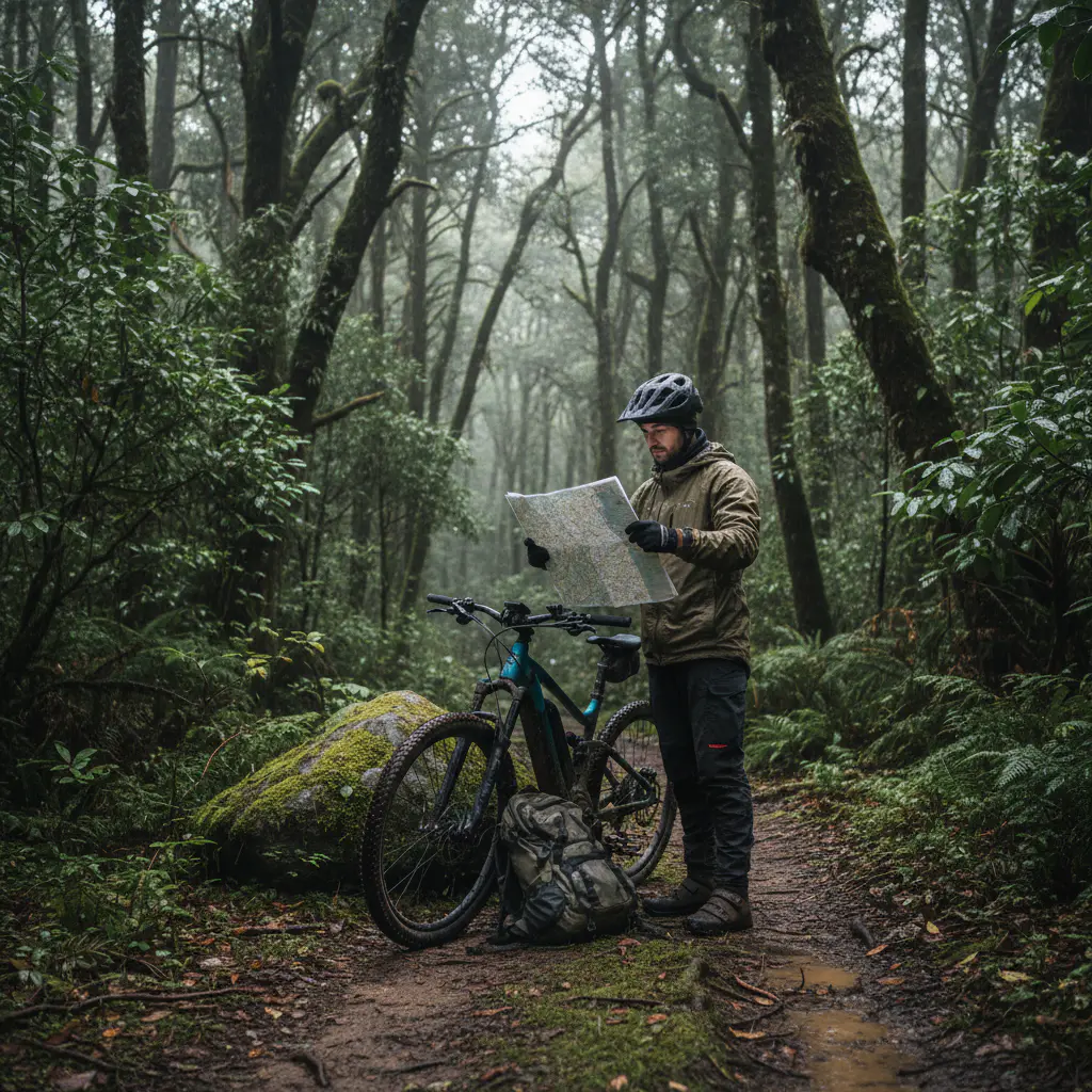 E-bike rider looking at a map in the woods