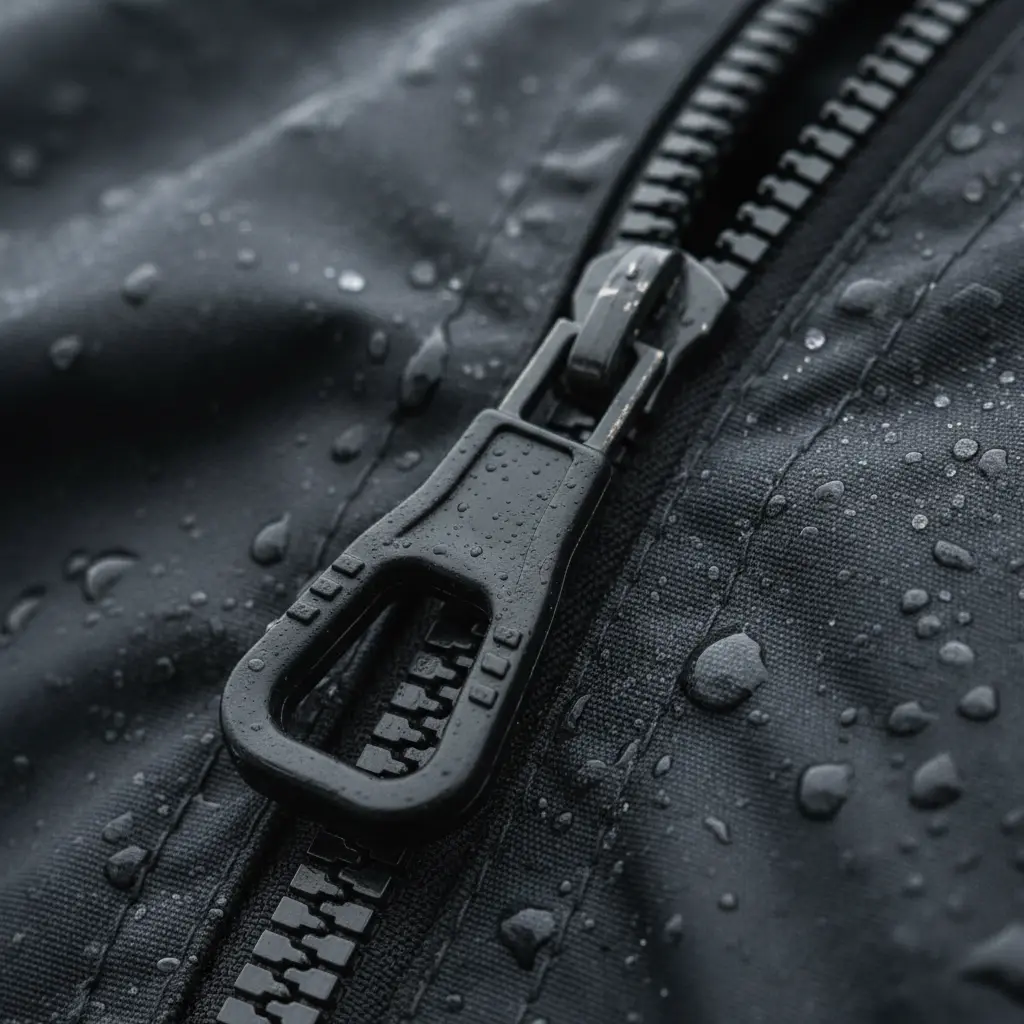 Macro shot of heavy duty zipper on waterproof fabric