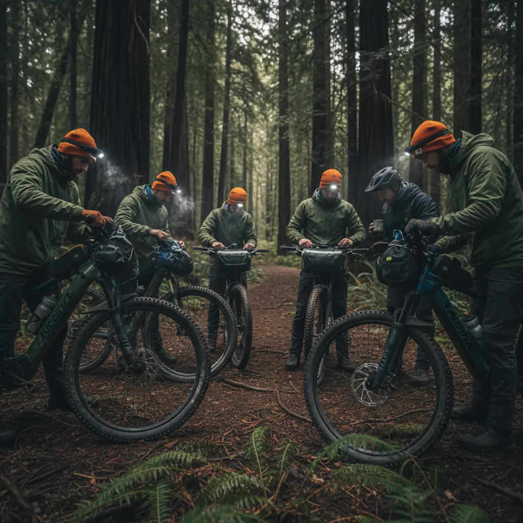 Cyclists packing frame bags before a forest ride